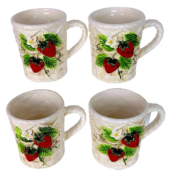 Vintage Sears Roebuck Strawberry Mugs Ceramic Basket Weave 4 Piece Cup Set 1981 - Picture 4 of 13